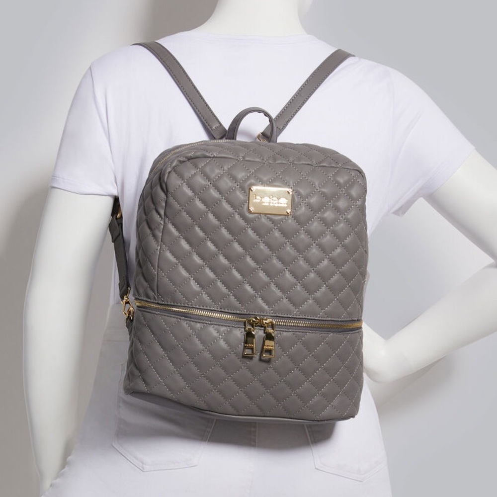 BEBE DANIELLE LARGE GREY BACKPACK BOOK BAG PURSE QUILTED LEATHER